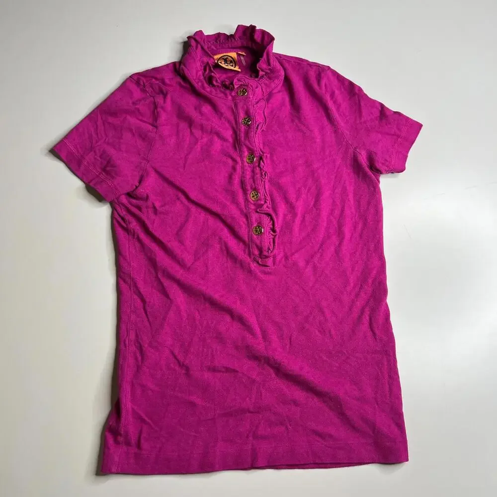 Tory‎ Burch Womens Polo Shirt Small Pink Ruffle Button Placket Pima Cotton Blend